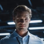 Portrait of handsome smiling it specialist using tablet computer in data center, looking at camera. succesful male e business engineer working in big server farm cloud computing facility.